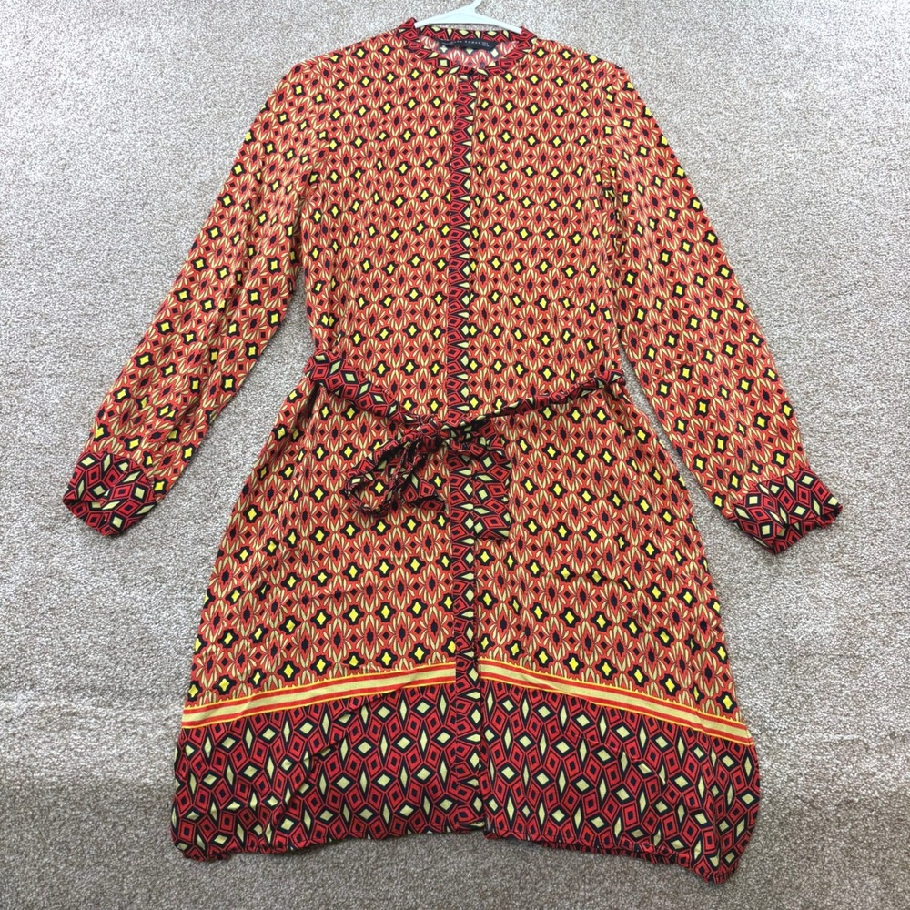 Zara Woman Geometric Print Button Down Midi Dress Red Yellow Black L Boho Modest